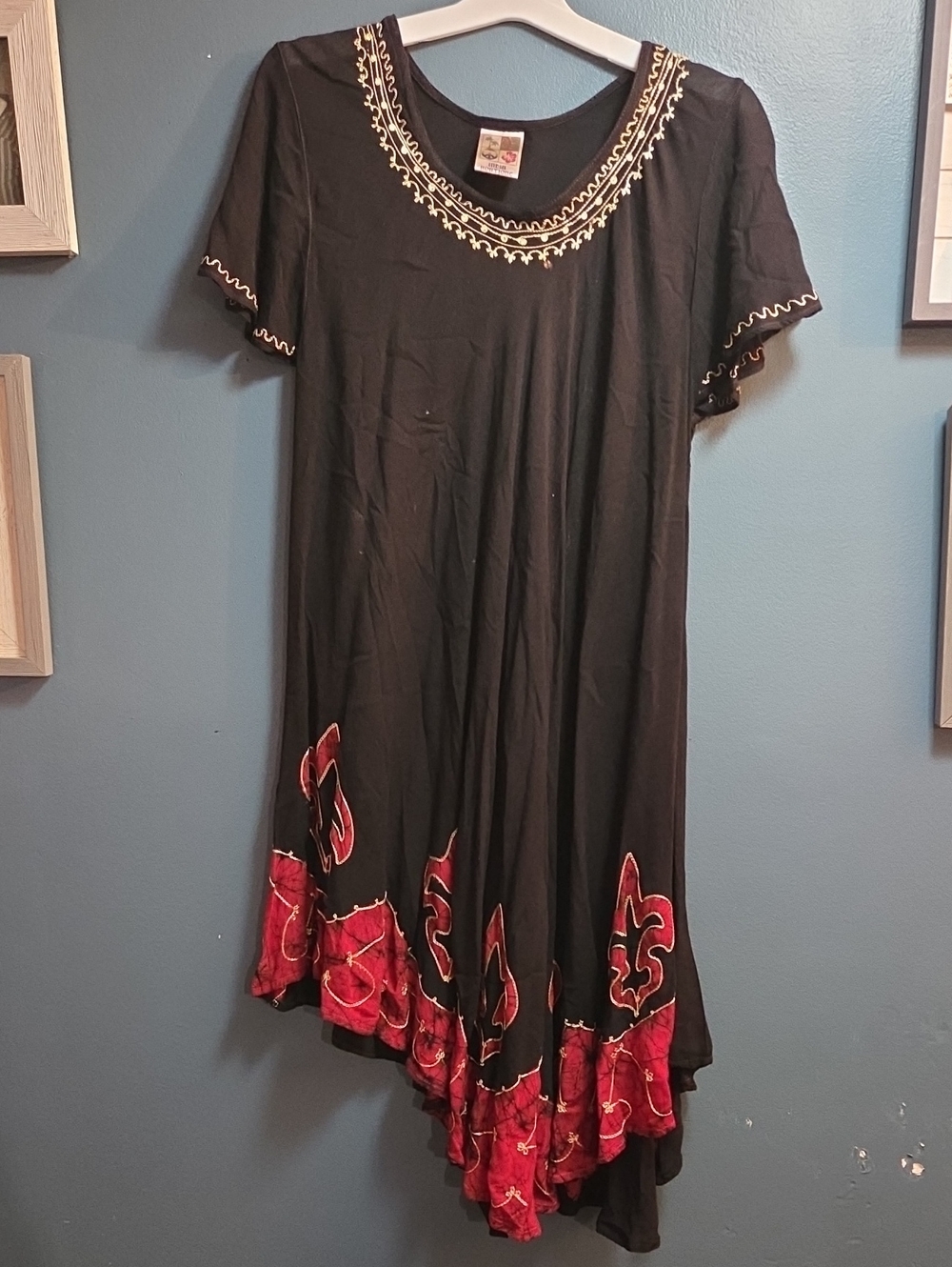 India Boutique Black Asymmetrical Dress with Red Embroidered Hem